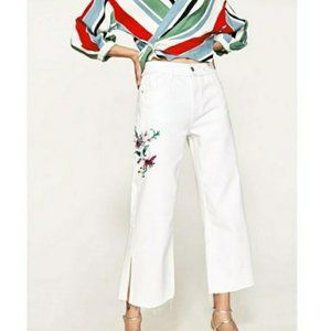 ZARA • NWT Wide Leg Floral Embroidered White Crops